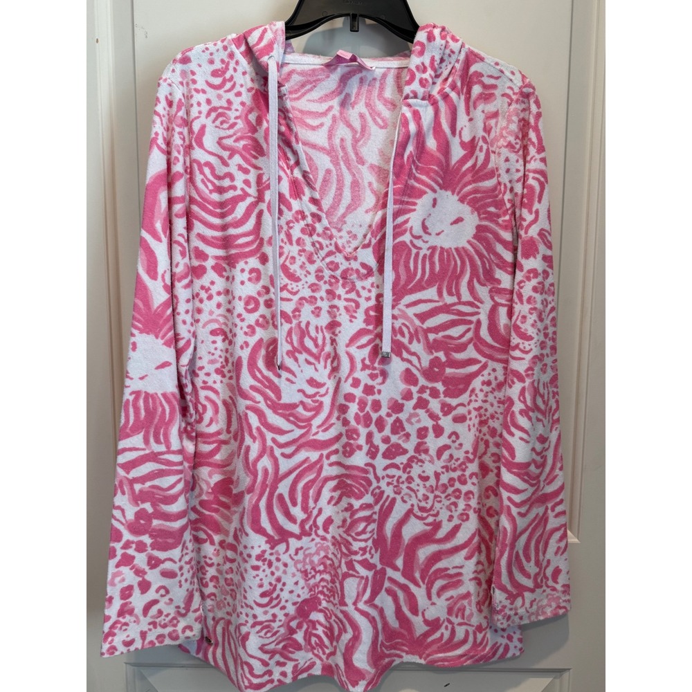 Lilly Pulitzer Pink White Animal Print Terry Cloth Swim V-Neck Pullover M *Flaw*